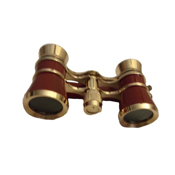 Opera Glasses Handle.Gold Metal Brick Red Resin Plastic Leather Case Magnifier - Picture 4 of 5